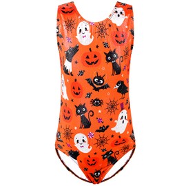 HUAANIUE Girls Long Gymnastics Leotard Sleeveless Ballet Leotard Dancing Kids Dress Sportwear 3-12Y Athletic Sports Clothes Gym Children Aerobics Costume Dancewear(OrangeHalloween,8A)