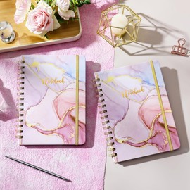 A5 Notebook - Artfan Notebook A5 Twin-Wire Binding, Elastic Closure, Premium Lined Pages, 21 cm × 16 cm, Pink and Gold