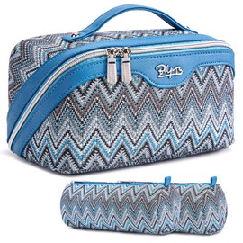 Travel Cosmetic Bag Makeup Bags for Women: Western Boho Makeup Bag Set of 3 - Large Vegan Leather Cosmetic Organizer Bags with Compartments & Handle & Divider(Blue)
