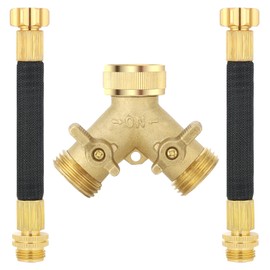Boersite 3/4 Inch Brass 2-Way Garden Hose Splitter – Y-Shaped Hose Connector with 2 Anti-Kink Spiral Protectors, Heavy-Duty Metal Outdoor Faucet Splitter, Brass Handle Design, Garden Hose Adapter