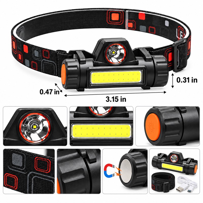 Rechargeable LED Headlamp with XPE + COB Lights – Magnetic