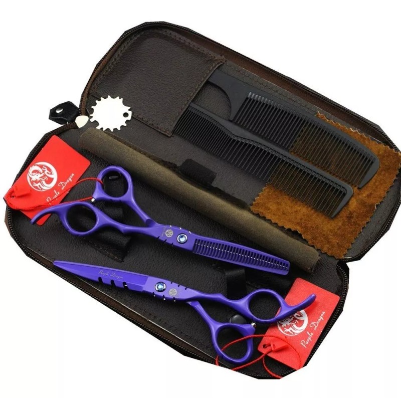 Purple Dragon Tijeras Estilista Barberia Degrafilado Kit 2 Peines 5.5