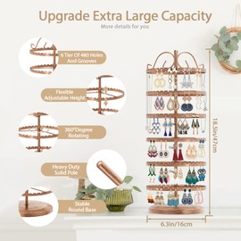 LASZOLA 6 Tier Rotating Earring Holder Organizer, Adjustable Metal Jewelry Display Stand for Women Girls, 480 Holes and Grooves Large Stud Earring Rack Tower Tree for Necklace Bracelet Ring (Bronze)
