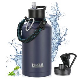 HASLE OUTFITTERS Half Gallon Insulated Water Bottles 64 oz, Stainless Steel Metal Water Jug with 2 Lids Keep Cold 48h/Hot 24h, Leak Proof & BPA-Free Water Flask Jug(Navy,1)