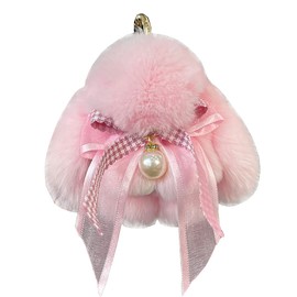 Soft Fluffy Rabbit Keychain Cute Plush Key Rings Faux Fur Keyring Pompom Keychain Decoration (light pink)