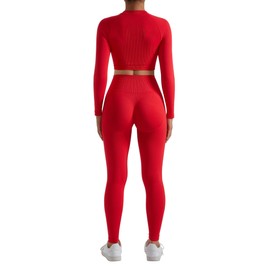 RXRXCOCO Seamless Workout Sets for Women 2 Piece Hidden Scrunch Butt Lifting Leggings Raglan Sleeves Crop Tops Matching Red Medium