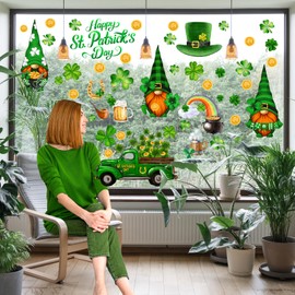 St Patricks Day Window Clings, 9 Sheets St Patricks Day Decorations Gnome Leprechaun Window Stickers, Irish Green Shamrock Gold Coins Window Decal for Spring St Patricks Day Decor