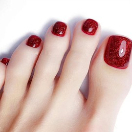 Red Glitter False Nails with Glossy Solid Acrylic Toe Nails - Full Cover Stick on Toenails Classic Artificial Toenails for Women Girls in 24 Pcs