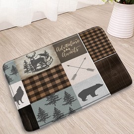 Cabin Bathroom Mat Retro Rustic Lodge Bear Moose Deer Elk Wolf Forest Adventure Awaits Buffalo Plaid Country Hunting Style Home Kitchen Flannel Non-Slip Rug Doorway Welcome Carpet 29.5x17.7inch