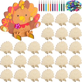 Blueweenly 24 Set Thanksgiving Sitting Turkey Craft Kit for Kids DIY Wooden Turkey Painting Kit with Watercolor Pens Acrylic Diamond Thanksgiving Party Decoration Activities Favors Gifts