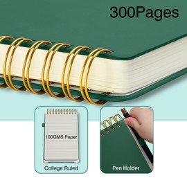 Simind Top Spiral Notebook 6x9 Leather Steno Pad 300 Pages Hardcover Steno Notebooks Top Spiral for Work Steno NotePad, 100 GSM Thick Paper, Left Handed Notebooks for Office College School,Green