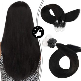 Moresoo 24 Inch Extensions Micro Rings Human Hair Extensions Long Straight Remy Hair Color #1B Off Black Brazilian Remy Hair Extensions Micro Beads Hair Extensions Human Hair 50S 50G