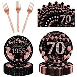 Jjyee 96Pcs 70th Birthday Party Tableware Set for Women, Rose Gold Vintage 1954 Birthday Party Decorations Cheers to 70 Years Birthday Party Supplies Dessert Plates Napkins Forks, Serve 24