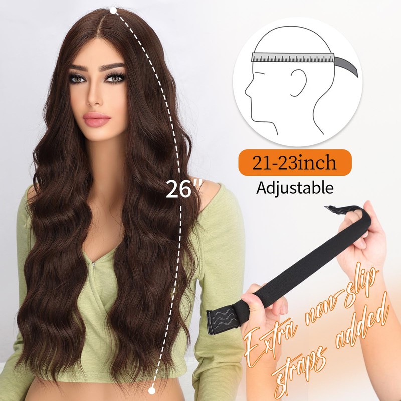 Nnzes Long Brown Wavy Wig for Women Middle Part Curly