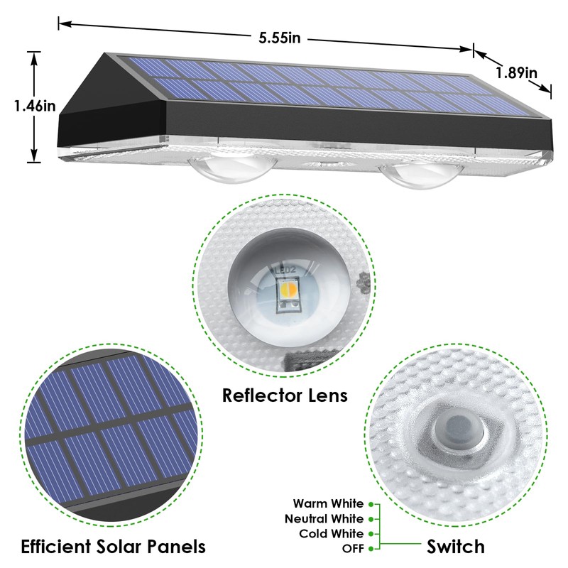 Solar Fence Lights Outdoor Waterproof LED - 3000/4000/6000K 3 Mode,