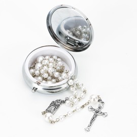 Rosary Beads Catholic for Woman, Wall Crosses Christian Gifts Catholic Gifts, White Artificial Pearls Rosary with Gift Box, First Communion Gifts(White)