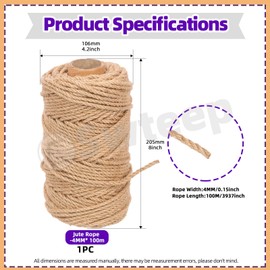 Swpeet 4mm x 328 Feet Jute Twine Braided Natural Jute Rope, Long Twine String Wrapping Packing Gardening Crochet Perfect Arts Crafts Gift Twine Christmas Twine for Craft Projects, Wrapping, Packing