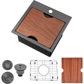 Friho Drop in Black Bar Sink, 15x15 Inch Stainless Steel Single Bowl Topmount Kitchen Sink, Handmade Bar Prep Sinks,Outdoor Rv Single Bowl Kitchen Bar Sinks with Cutting Board