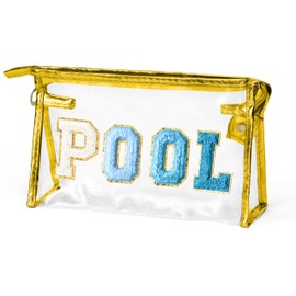 Y1tvei Clear POOL Makeup Bag - Preppy Blue POOL Chenille Varsity Letter Sunscreen Cosmetic Pouch PVC Transparent Zipper Waterproof Beach Pool Summer Travel Toiletry Organizer for Swimmer Women(Gold)