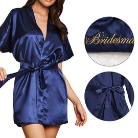 Yueshop Bride Gown Kimono Robes, Bride Bridesmaid Team Bride Womens Robes Durable Satin Dressing Gown,Bridesmaid Morning Robes V-Neck Pyjamas for Bridal Wedding Party (Mother of the Bride (Navy Blue))