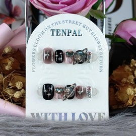 TENPAL Handmade Press On Nails 10 Pcs with Tools Kit,Sweet Goth Pink Black Celestial Stars Glue on Nails Square, Glossy Cute Y2K False Nails,Short Coffin Glam Reusable Fake Nails for Rave Party(M)