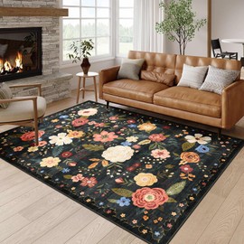 5x7 Washable Area Rug for Living Room, Floral Non-Slip Non-Shedding & Easy Care, Soft Low Pile Boho Indoor Floor Carpet for Living Room, Bedroom, Farmhouse, Dining Room, Kids Playroom, Black