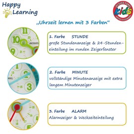 JACQUES FAREL Happy Learning ACL 02 Children's Alarm Clock Learning Alarm Clock Boys Girls Green Light Blue No Ticking with Light and Snooze Analogue Quartz
