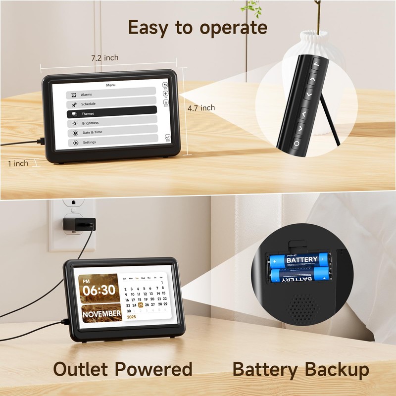 Raynic Alarm Clock, 7 Inch Digital Calendar Clock with 12