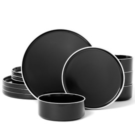 Famiware Nebula Plates and Bowls Set, 12 Pieces Dinnerware Sets, Dishes Set for 4, Black with White Rim