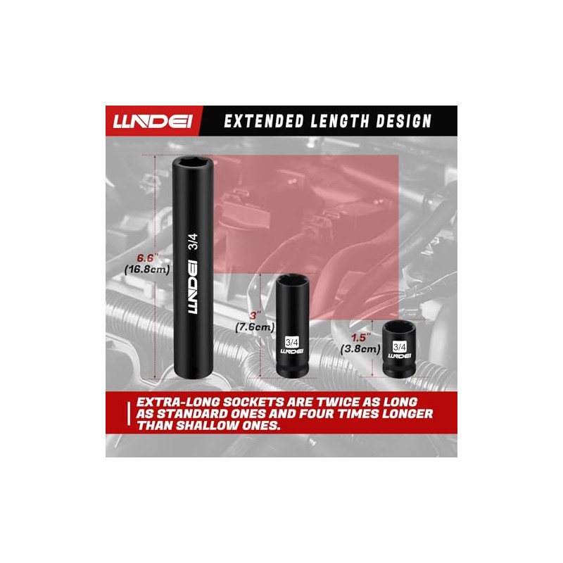 LLNDEI 1/2 Inch Drive Extended Length Impact Socket Set 6PCS