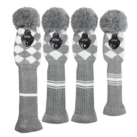 Golf Headcover Knit Set of 4, Golf Club Driver Wood (460cc)*1 Fairway Wood*2 and Hybrid Fairway (Grey Argyles)