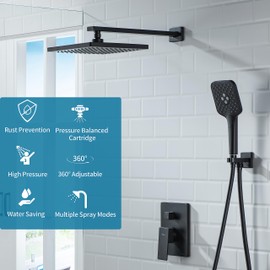 Casta Diva Matte Black Rain Shower Head with handheld Spray Combo, Shower Diverter and Brass Shower Valve Trim Kit, Shower Faucet Set, Square Shower System