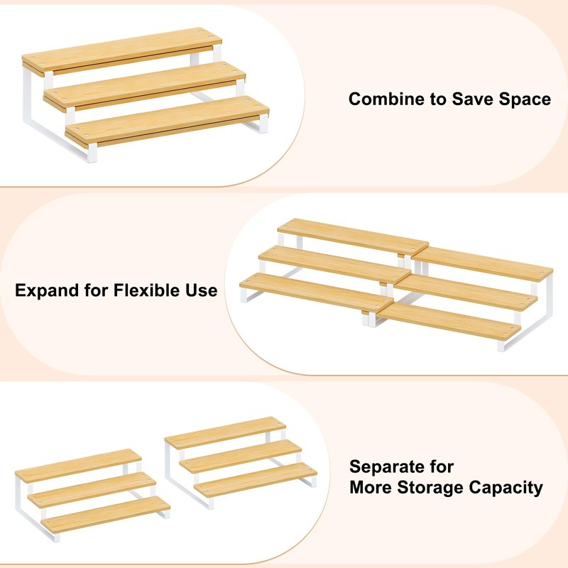 Expandable Can Organizer for Pantry, 3-Tier Adjustable Bamboo & Iron