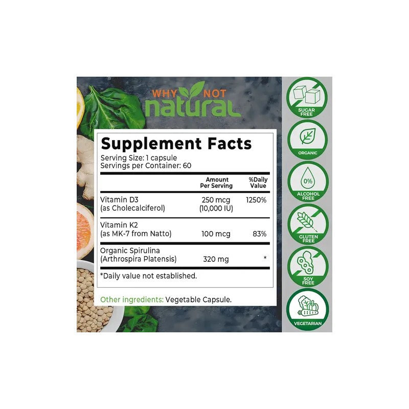 Why Not Natural Vitamina D3 10,000IU K2 60 Cápsulas Salud