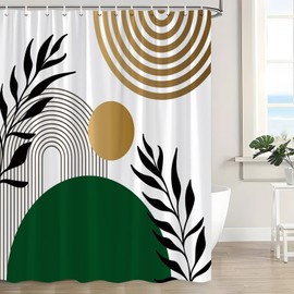 JOFKAXU Boho Mid Century Shower Curtain Abstract Arch Curve Sun Black Green Leaf Modern Minimalist Simple Geometric Nature Aesthetic Retro Bathroom Curtain with Hooks