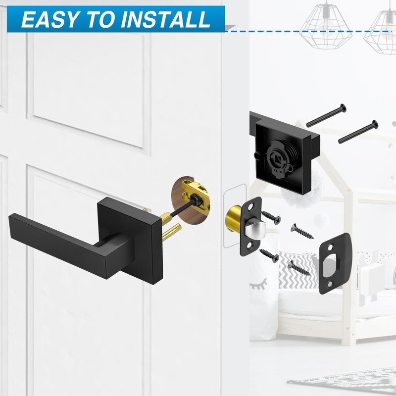 Plustool 6 Pack Matte Black Door Handles, Passage Door Levers