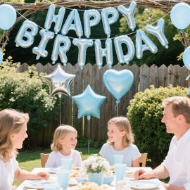 Light Blue and Silver Happy Birthday Party Decorations, 16 Inch Happy Birthday Balloons Banner for Men, Heart Star Foil Balloons