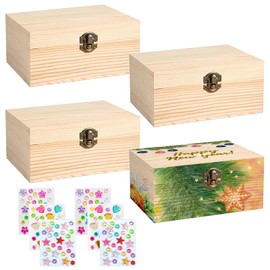 WANDGU 4 Pieces Mini Treasure Chest: Treasure Chest Children's Birthday Wooden Box with 6 Coloured Diamond Stickers, Natural Small Wooden Box with Lid for Painting Crafts Birthday DIY (15 x 10 x 6 cm)