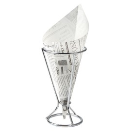 Fackelmann Fingerfoodhalter mit Spitztüten, Pommeshalter inklusive 5 fettabweisenden Papiertüten, Snackständer mit Tüten im Zeitungsdesign (Farbe: Silber, Weiß/Schwarz), Menge: 1 x Halter, 5 x Tüten