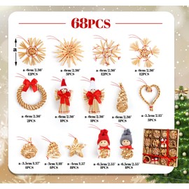 HOUISM 68-Piece Straw Stars Snowflake Set, Straw Christmas Tree Decorations, Straw Pendant, Natural Christmas Tree Decoration with Wooden Box for Christmas Tree Decorations