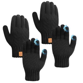 KASURE 2 Pairs of Gloves, Winter Knitted Gloves for Men and Women, Touchscreen Gloves, Elastic Winter Thermal Knitted Gloves for Skiing, Cycling (Black/Navy Blue), Black x 2