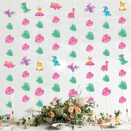 8 Pieces Girls Dinosaur Party Decorations - Pink Dinosaur Garlands, Watercolor Dino Paper Cutout Hanging Banners for Girls' Birthday, Baby Shower, Wedding Party Supplies