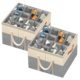 Aokeyee Shoe Storage Organizer for Closet, Large Shoe Box Storage Containers with Clear Cover and Reinforced Handles, Foldable Shoe Storage Organizer Box Bin, Fits to 12-16 Pairs, (Beige and Grey)