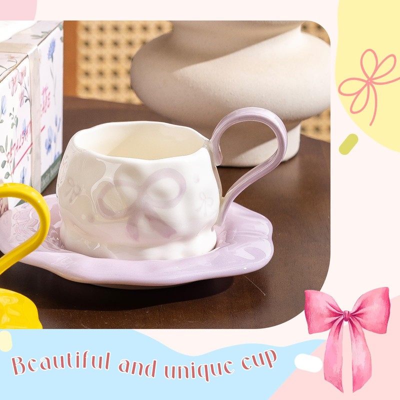 KERHAND Purple Ceramic Mug and Saucer Set with Bow and