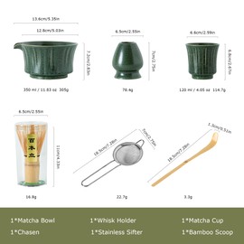 Green Ceremony Matcha Kit -Matcha Bowl with Spout, Sifter, Ceramic Holder, Bamboo Whisk (Chasen), Scoop & Tasting Cup – Complete Matcha Kit Gift for Tea Enthusiasts Christmas (Matte Glaze Finish)