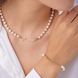 Mothers Day Gifts for Mom Pearl Necklace Bracelet Set for Mom Mama Birthday Gifts from Daughter Son Mother Mommy Gift Beaded Gold Pearl Bracelet Necklace Gift