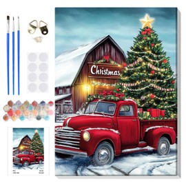 Christmas Red Truck Paint by Numbers Kits for Adults Beginners on Framed Canvas, DIY Adults Paint by Numbers Kits, Landscapes Color by Number Acrylic Easy Painting Number Kit Arts and Crafts 12x16inch