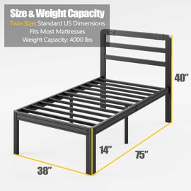 BOSRII Premium Quality Twin Size Bed Frame - Reinforced Thickened Profile for Unmatched Strength and Durability - Sturdy Construction for Long-Lasting Support and Comfort——14 Inch High