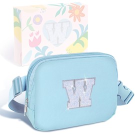 COSHAYSOO Blue Belt Bag Small Waist Fanny Pack Crossbody Purse with Initial Letter Patch for Teen Girl Women, Nylon Cross Body Traveling Everywhere Pouch Trendy Preppy Christmas Gift (W)