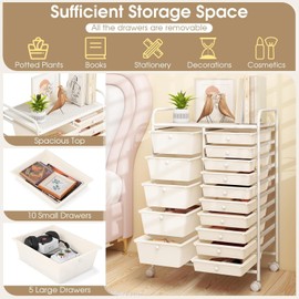 HOMGX 15-Drawer Storage Rolling Cart, Multipurpose Utility Storage Cart w/ 4 Lockable Wheels & Removable Drawers, Plastic Drawer Organizer for Office, Supermarket, Home, School (White)